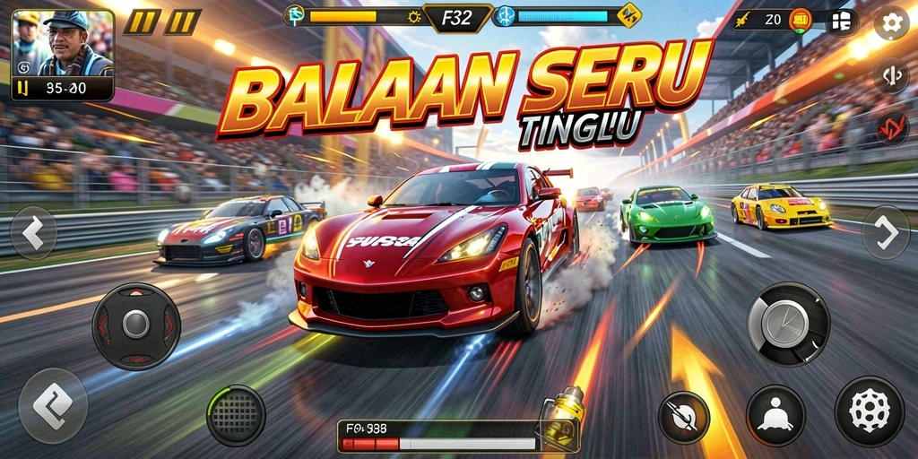 Gameplay balapan F32 yang mendebarkan di lintasan yang menantang.