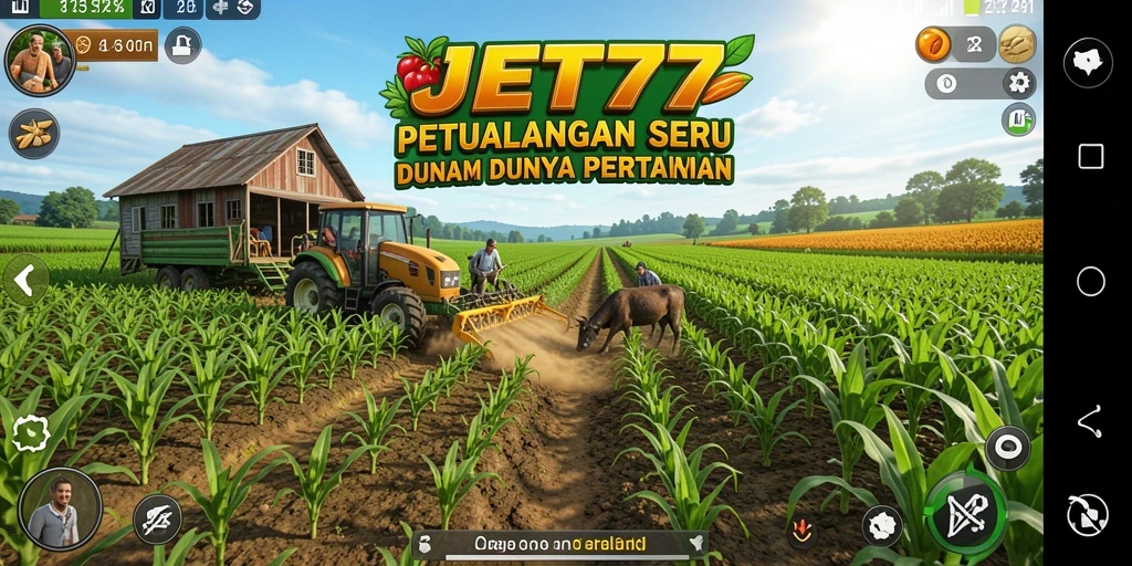 Screenshot gameplay JET77 menampilkan kebun yang subur dan hewan peliharaan.