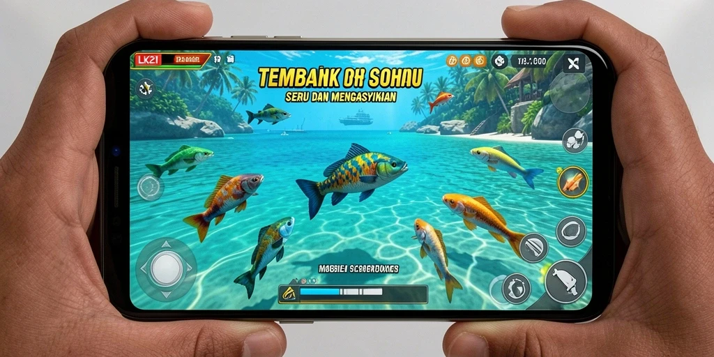 Tampilan gameplay LK21 saat menangkap ikan dengan senjata canggih.