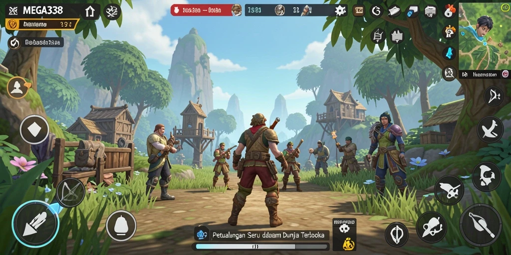 Screenshot gameplay MEGA338 menunjukkan dunia terbuka yang luas dan imersif.