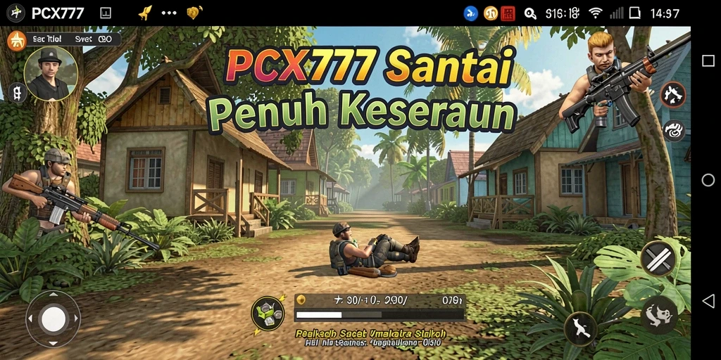 Screenshot utama menampilkan gameplay seru PCX777 dengan grafis berwarna-warni.