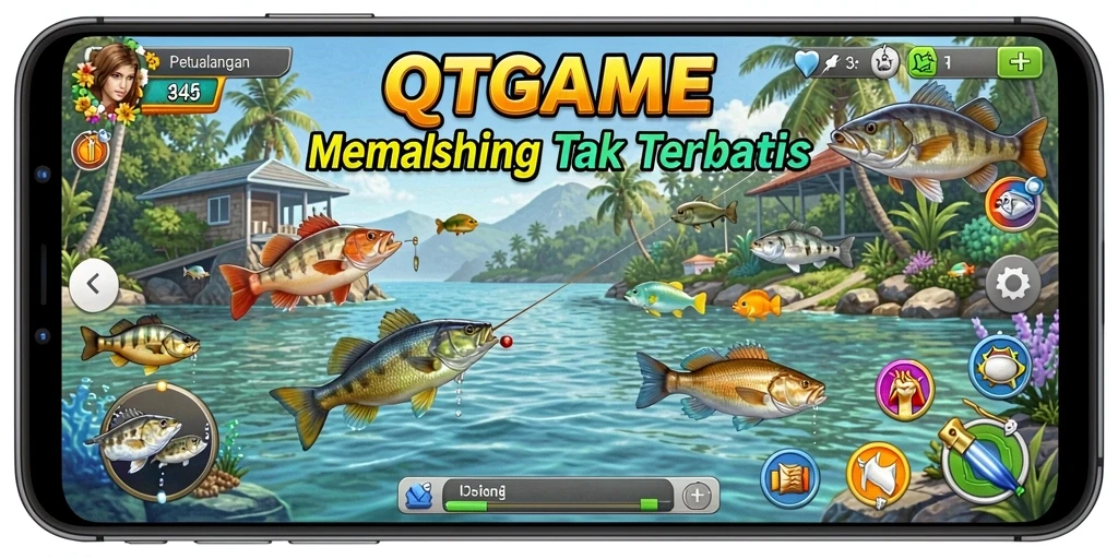Tampilan gameplay QTGAME yang menawan saat memancing di laut.